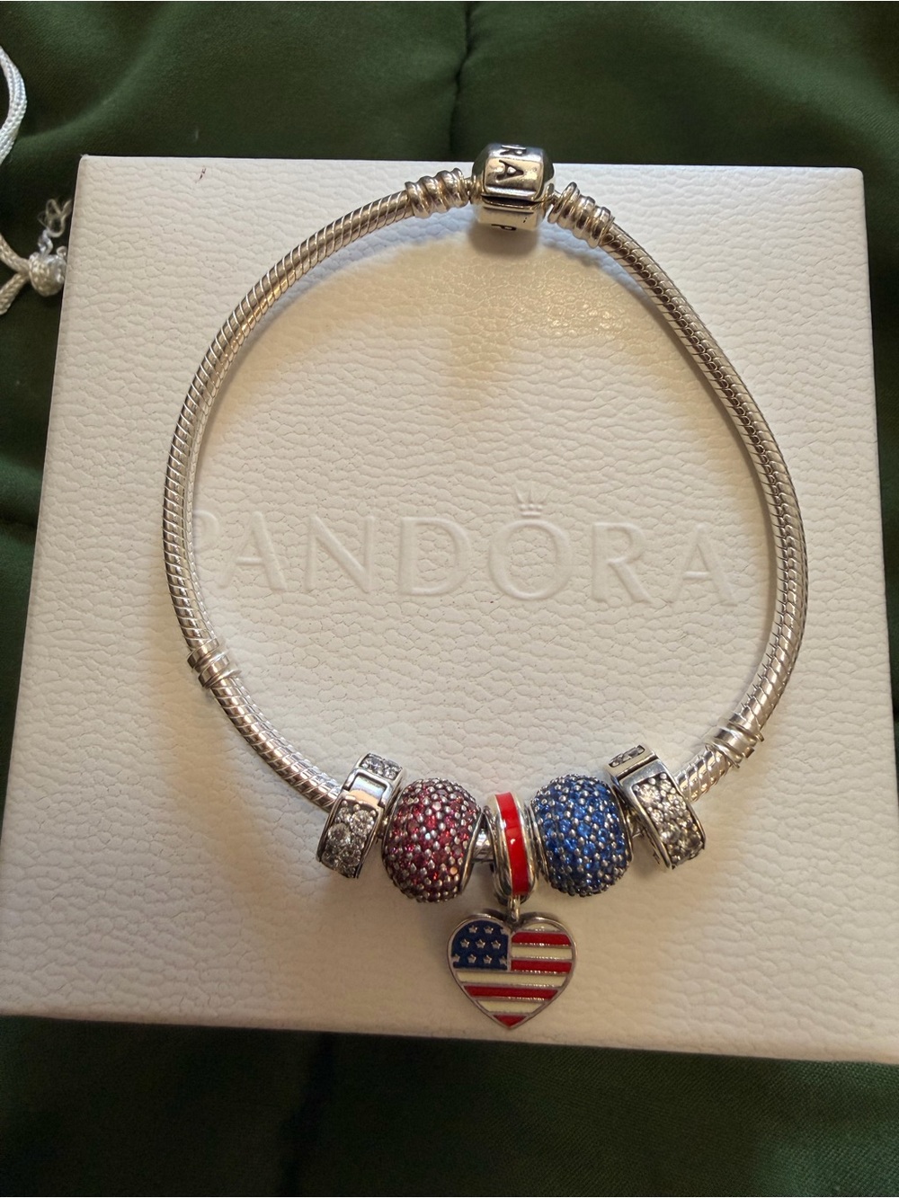 Pandora Silver Charm Bracelet with American Flag Heart and Red & Blue Pave Beads